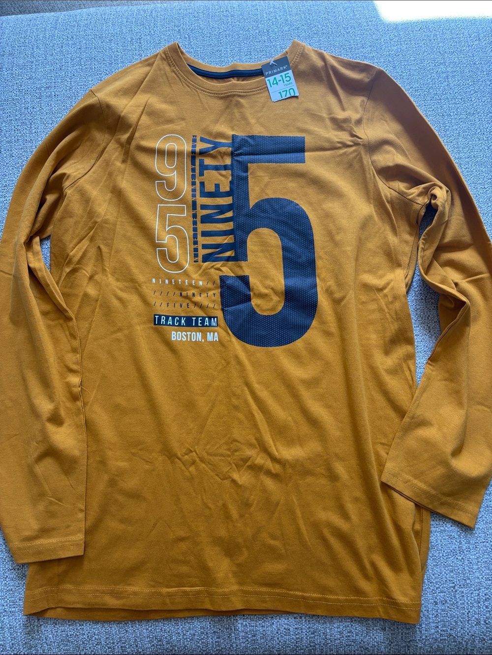 Primark Long-Sleeve Graphic Tee in Mustard Yellow with Navy Print